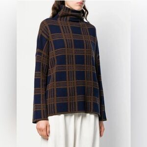 NWOT - Vince Navy and Brown Plaid Wool + Cashmere Turtleneck Sweater